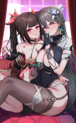2girls anzu0130 bell black_choker black_dress black_sash black_thighhighs blush breast_press breasts brown_hair butterfly-shaped_pupils choker clothing_cutout commentary criss-cross_halter detached_sleeves dress earrings finger_to_mouth flower_tattoo gloves grey_hair half_gloves halterneck highres honkai:_star_rail honkai_(series) honkai_impact_3rd jewelry large_breasts long_hair looking_at_viewer mark_under_both_eyes mihoyo multiple_girls neck_bell open_mouth playing_with_another&#039;s_hair purple_eyes red_dress sash single_half_glove sparkle_(honkai:_star_rail) symbol-shaped_pupils symmetrical_docking tattoo thighhighs twintails vita_(honkai_impact) yellow_pupils yuri