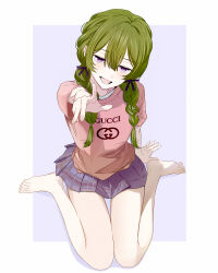absurdres braided_twintails green_hair highres jmx_(j_m_x) looking_at_viewer low_twintails lower_teeth_only open_mouth pleated_skirt pointing pointing_at_viewer purple_eyes shirt sitting skirt sousou_no_frieren t-shirt teeth tongue twintails ubel_(sousou_no_frieren) wariza