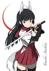 Rule 34 | 1girl, anabuki tomoko, animal ears, artist request, black eyes, black gloves, black hair, boots, fox ears, fox girl, fox tail, gloves, hakama, hakama short skirt, hakama skirt, highres, holding, holding sword, holding weapon, japanese clothes, katana, long hair, looking at viewer, miko, red scarf, scarf, simple background, skirt, solo, standing, strike witches: suomus misfits squadron, sword, tail, thighhighs, toeless legwear, weapon, white background, world witches series, zettai ryouiki