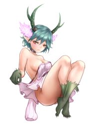 1girl antlers aqua_hair artoise ass breasts c_(control) choker closed_mouth dress feet fur horns legs looking_at_viewer pointy_ears q_(control) short_hair simple_background solo white_background yellow_eyes