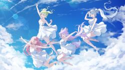 4girls aokumo_rin arm_at_side arm_up armpits arms_up barefoot blue_hair blue_sky closed_eyes cloud cloudy_sky dress from_side green_hair hanako_nana highres long_hair multicolored_eyes multicolored_hair multiple_girls open_mouth pink_hair purple_hair sky smile stellive streaked_hair sundress tenko_shibuki very_long_hair virtual_youtuber white_dress white_hair yuzuha_riko yw_marron