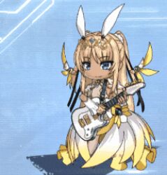 1girl alternate_costume animated animated_gif bare_legs blonde_hair blue_eyes blush bouncing_breasts breasts capelet chibi closed_eyes curvy dark-skinned_female dark_skin fake_wings female_focus fingernails full_body futaba_lili_ramses hair_ornament hair_ribbon hand_in_own_hair hand_on_own_hip highleg highleg_leotard leotard lilith-soft long_hair looking_ahead lowres magical_girl musical_note official_alternate_costume official_art playing_guitar playing_instrument revealing_clothes ribbon see-through_clothes see-through_leotard small_breasts smile solo standing taimanin_(series) taimanin_rpgx tentacle_and_witches thong_leotard twintails wide_hips wings