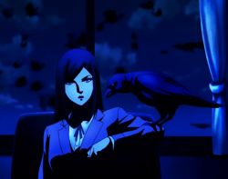 10s 1girl animated animated_gif anime_screenshot bird black_hair chair crow curtains female_focus kurihara_mari_(prison_school) long_hair looking_at_viewer lowres night prison_school school_uniform sitting solo window