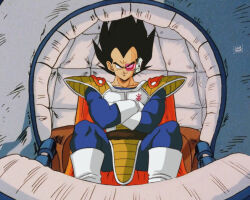 1boy absurdres armor boots cape commentary_request crossed_arms dragon_ball dragonball_z gloves highres male_focus official_style orange_cape saiyan_armor salvamakoto scouter shoulder_armor signature sitting smile solo spanish_commentary tail_around_waist vegeta white_boots white_gloves widow&#039;s_peak