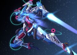 commentary_request glowing glowing_eyes gquuuuuux green_eyes gundam gundam_gquuuuuux highres ka_ki_o mecha mecha_focus mobile_suit no_humans open_mouth robot science_fiction solo space thrusters v-fin