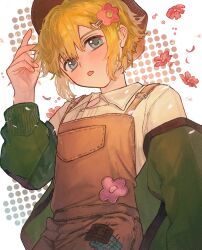 1boy absurdres basil_(birthday)_(omori) basil_(faraway)_(omori) basil_(omori) blonde_hair blue_eyes blush brown_hat brown_overalls collared_shirt flower_hairclip hat highres kanaraki long_sleeves looking_at_viewer male_focus omori open_mouth overalls shirt short_hair solo white_shirt
