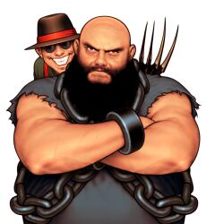 2boys angry bald beard black_hair capcom_vs_snk_2 chang_koehan choi_bounge claw_(weapon) crossed_arms evil_grin evil_smile facial_hair fat game_cg gloves grin hat highres looking_at_viewer male_focus metal_ball multiple_boys muscular muscular_male nishimura_kinu non-web_source official_art open_mouth smile snk torn_clothes torn_sleeves v-shaped_eyebrows weapon