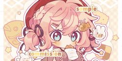 1girl blue_eyes blush brown_ribbon brown_shirt checkerboard_cookie chibi chibi_only commentary commission cookie eating food food-themed_hair_ornament hair_ornament hair_ribbon hairclip hashtag-only_commentary hat holding holding_food inomo_(qimoshu) long_sleeves looking_at_viewer original outline parallel_hairclips pink_hair portrait red_hat ribbon sample_watermark shirt short_hair solo taiyaki wagashi watermark white_outline yellow_background