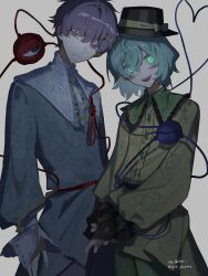 Rule 34 | 2boys, :d, black hat, blue shirt, blush stickers, bow, brothers, buttons, center frills, closed mouth, collared shirt, commentary request, cowboy shot, floral print, frilled shirt collar, frills, fuuga (perv rsity), genderswap, genderswap (ftm), glowing, glowing eyes, green eyes, green hair, green pants, grey background, hair between eyes, hair ornament, hat, hat bow, hat ribbon, heart, heart hair ornament, heart of string, highres, komeiji koishi, komeiji satori, looking at viewer, male focus, multiple boys, open mouth, pants, pink eyes, pink hair, pink pants, ribbon, rose print, shirt, short hair, siblings, smile, teeth, third eye, touhou, twitter username, upper teeth only, yellow bow, yellow ribbon, yellow shirt