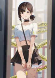 1girl black_choker black_eyes black_hair blood blood_on_leg bloody_knife breasts chainsaw_man choker collarbone crop_top danraz0r higashiyama_kobeni highres knife looking_at_viewer midriff_peek navel pleated_skirt single_sidelock skirt small_breasts solo standing thigh_gap thighs
