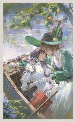 2girls absurdres arm_pillow artist_name black_hair black_vest blue_brooch boat book border brown_hair commentary_request dress eyewear_strap green_hat green_jacket grey_border hair_flowing_over hair_spread_out hand_on_another&#039;s_hand hand_on_own_stomach hat hat_feather head_on_arm highres isolde_(reverse:1999) jacket kakania_(reverse:1999) lapels looking_at_another multiple_girls neck_ribbon notched_lapels oar on_boat outdoors picture_hat puffy_sleeves red_ribbon reverse:1999 ribbon round_eyewear sleeping two-tone_feathers vest volcanoyyy watercraft white_dress