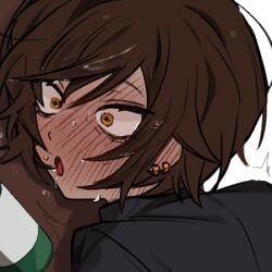 1girl black_shirt blush brown_eyes brown_hair commentary_request dark-skinned_female dark_skin full-face_blush korean_commentary limbus_company lowres open_mouth outis_(project_moon) portrait project_moon shirt short_hair yippee
