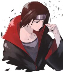 Rule 34 | 1boy, akatsuki uniform, black hair, black nails, collarbone, color1242, forehead protector, male focus, medium hair, naruto (series), ponytail, solo, uchiha itachi, upper body