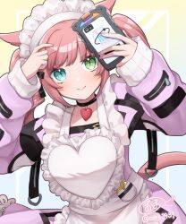 1girl adjusting_hair animal_ears apron black_collar blue_eyes blush breasts cat_ears cat_tail closed_mouth collar dress eyebrows_hidden_by_hair facial_mark final_fantasy final_fantasy_xiv green_eyes heart_apron highres holding holding_phone long_hair looking_at_viewer maid maid_headdress miqo&#039;te omg3939 phone pink_dress pink_hair pocket_watch signature slit_pupils small_breasts smile solo sweater tail twintails warrior_of_light_(ff14) watch white_apron white_sweater