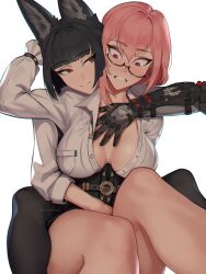 2girls absurdres animal_ear_fluff animal_ears artist_name black_skirt blunt_bangs blush breasts closed_mouth dress_shirt earrings eweedraws fox_ears fox_girl gauntlets glasses hair_between_eyes high-waist_skirt highres hoshimi_miyabi jewelry large_breasts long_hair looking_at_another multiple_girls parted_lips pink_eyes pink_hair red_eyes shirt sidelocks simple_background sitting skirt smile tsukishiro_yanagi unbuttoned white_background white_shirt yuri zenless_zone_zero
