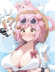 !? 1girl animal_ears arknights art_program_in_frame bikini blush breast_lift breasts cat_ears cat_girl cleavage closed_mouth commentary_request doctor_(arknights) embarrassed eyewear_on_head floppy_ears flying_sweatdrops food-themed_hair_ornament frilled_bikini frills frown goldenglow_(arknights) goldenglow_(summer_flowers)_(arknights) hair_ornament hairclip hat heka=ton highres huge_breasts infection_monitor_(arknights) large_breasts looking_down official_alternate_costume partial_commentary pink_hair revision round_eyewear short_hair simple_background solo_focus sunglasses swimsuit thumbs_up upper_body watermelon_hair_ornament white_background yellow_eyes
