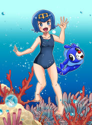 1girl armpits artist_request bare_legs barefoot beach blue_eyes blue_hair blue_one-piece_swimsuit bubble child collarbone creatures_(company) feet feet_up female_focus flat_chest floating full_body game_freak gen_7_pokemon hair_ornament hand_up happy highres lana_(pokemon) legs light_blush looking_at_viewer matching_hair/eyes medium_hair neck nintendo ocean official_alternate_costume one-piece_swimsuit open_mouth outdoors outstretched_arm pokemon pokemon_sm popplio sidelocks signature sunlight swimsuit thighs toes underwater waving