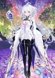 1girl ahoge arms_at_sides black_boots black_gloves boots breasts closed_mouth clothing_cutout dress fate/grand_order fate_(series) field fingerless_gloves flower flower_field full_body game_cg gloves hair_between_eyes hair_intakes high-low_dress high_collar holding holding_staff lady_avalon_(fate) lady_avalon_(first_ascension)_(fate) long_hair long_sidelocks long_sleeves looking_at_viewer medium_breasts merlin_(fate/prototype) official_art red_eyes sidelocks smile solo staff standing taiki_(luster) thigh_boots third-party_source variant_set very_long_hair white_dress white_hair wide_sleeves