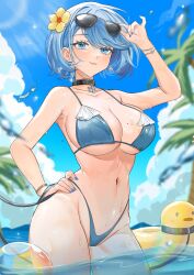 1girl ariko_(aaaaarik) armpits azur_lane bikini black_collar blue_bikini blue_eyes blue_hair blue_nails blue_sky breasts cameltoe chapayev_(azur_lane) closed_mouth collar earrings eyewear_on_head groin hand_up highleg highleg_bikini highres huge_breasts jewelry mole mole_on_breast navel outdoors palm_leaf palm_tree short_hair sky snowflake_earrings solo stomach sunglasses swept_bangs swimsuit tree wading water wet