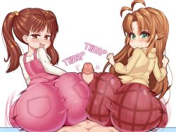1boy 2girls ass ass_expansion ass_focus bouncing_ass buttjob cooperative_buttjob english_text highres huge_ass kurata_sana kyojiri_loli multiple_girls penis smile smug teamwork_(sexual) young_savage