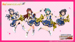 Rule 34 | 4girls, anniversary, aqua hair, bandai namco, belt, black hair, blue hair, blue skirt, boots, bow, bug, butterfly, buttons, copyright name, copyright notice, create festival (idolmaster), english text, floating, frilled skirt, frills, hair bow, highres, idol clothes, idolmaster, idolmaster million live!, idolmaster million live! theater days, insect, layered skirt, multiple girls, nakatani iku, official art, open mouth, orange eyes, pink background, plaid clothes, red eyes, red hair, skirt, star (symbol), takayama sayoko, tanaka kotoha, tokugawa matsuri, wrist cuffs