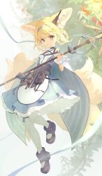 1girl animal_ear_fluff animal_ears arknights bare_shoulders belt_pouch black_boots black_gloves blonde_hair blue_dress blue_hairband boots braid braided_hair_rings cape closed_mouth clothing_cutout dress earpiece female_focus fox_ears fox_girl fox_tail frilled_dress frilled_sleeves frills full_body gloves green_eyes hair_rings hairband holding holding_staff infection_monitor_(arknights) kitsune kyuubi looking_at_viewer material_growth mgmg_cc211 multiple_tails oripathy_lesion_(arknights) pantyhose pouch short_hair short_sleeves shoulder_cutout single_glove single_wrist_cuff solo staff suzuran_(arknights) tail torn_clothes torn_pantyhose twin_braids white_pantyhose wrist_cuffs