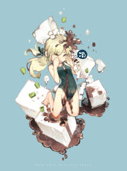 1girl breasts chocolate cube covered_erect_nipples closed_eyes food highres in_food konno_takashi_(frontier_pub) long_hair original school_swimsuit small_breasts soy_sauce swimsuit tofu twintails