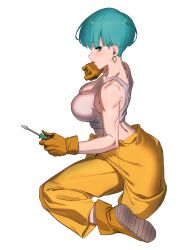 1girl absurdres bare_shoulders breasts bulma cleavage dragon_ball dragonball_z earrings full_body green_eyes green_hair highres holding holding_screwdriver hoop_earrings jacket jewelry large_breasts pants screwdriver short_hair solo tank_top tied_jacket white_tank_top yellow_jacket yellow_pants zequung