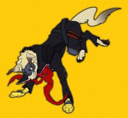 1boy animal_ears animalization axontatsu black_jacket black_pants blonde_hair colored_tips commentary_request dog dog_ears dog_nose dog_tail fangs grin highres jacket looking_at_viewer masked multicolored_hair pants persona persona_5 smile tail yellow_background yellow_fur