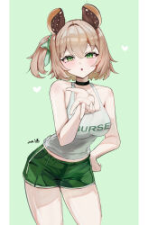 1girl absurdres animal_ears bare_shoulders black_choker blowing_kiss border breasts brown_hair choker collarbone commentary english_commentary green_background green_eyes green_shorts hand_on_own_hip heart highres indie_virtual_youtuber large_breasts looking_at_viewer nimi_nightmare one_side_up open_mouth pillarboxed psypolo_d short_hair short_shorts shorts solo tank_top tapir_ears tapir_girl teeth upper_teeth_only virtual_youtuber white_border white_tank_top