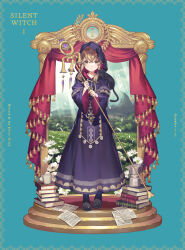 1girl absurdres black_cat brown_eyes brown_hair cat dress hair_between_eyes highres holding long_hair monica_everett nero_(silent_witch) official_art robe silent_witch