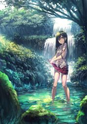 1girl bare_legs barefoot blue_eyes bra breasts day dress_shirt female_focus full_body green_hair hair_between_eyes highres kamome_yuu light_frown long_hair looking_at_viewer moss nature original outdoors plaid_clothes plaid_skirt red_skirt rock scenery see-through_clothes shirt short_sleeves skirt small_breasts solo stream striped_bra striped_clothes tree underwear wading water waterfall wet wet_clothes wet_shirt white_shirt wide_shot wringing_clothes wringing_skirt