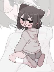 1girl absurdres animal_ears ass black_eyes blush borrowed_character brown_hair cat_ears commentary dolphin_shorts fang glasses hair_between_eyes highres hood hoodie medium_hair orenjipiiru original possi_onanikki short_shorts shorts
