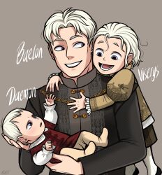 a_song_of_ice_and_fire ackerbangbang baby baelon_targaryen carrying carrying_baby carrying_person child daemon_targaryen father_and_son happy highres house_of_the_dragon purple_eyes viserys_targaryen white_hair