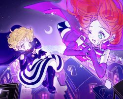 2girls blonde_hair cape chocolat_meilleure elbow_gloves flying gloves green_eyes hashtag-only_commentary moon multiple_girls one_eye_closed orange_hair purple_eyes short_hair striped_clothes striped_thighhighs sugar_sugar_rune sweatdrop thighhighs vanilla_mieux witch zznz1