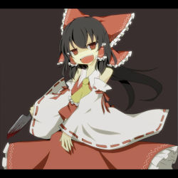 1girl :d bad_id bad_pixiv_id black_hair blood bow detached_sleeves female_focus hair_bow hakurei_reimu japanese_clothes knife letterboxed miko open_mouth pasutel red_eyes smile solo touhou yandere