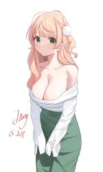 1girl absurdres alternate_costume breasts brown_hair cleavage commentary_request cowboy_shot dated green_eyes highres indie_virtual_youtuber jing_(947728534) large_breasts long_hair looking_at_viewer off-shoulder_sweater off_shoulder shigure_ui_(vtuber) signature simple_background sleeves_past_fingers sleeves_past_wrists solo sweater virtual_youtuber white_background white_sweater