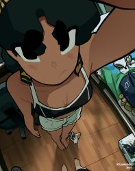 1girl 1other 2023 absurdres afro arm_up baby_animal bed bedroom black_eyes black_hair black_tank_top blush breasts cat cleavage commentary dark-skinned_female dark_skin downblouse english_commentary foreshortening frown hairband height_difference highres kitten medium_breasts medium_hair midriff original pov reaching reaching_towards_viewer ryu_(ryuwanshoy) short_eyebrows shorts solo_focus tank_top thick_eyebrows toes very_dark_skin white_shorts wooden_floor