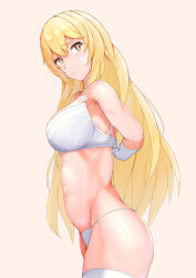 1girl adjusting_bra adjusting_clothes armpit_crease arms_behind_back blonde_hair bra breasts closed_mouth commentary elbow_gloves from_side gloves hair_between_eyes large_breasts long_hair looking_at_viewer navel panties pink_background shokuhou_misaki sideboob sikijou77o simple_background smile solo sparkling_eyes thighhighs toaru_kagaku_no_mental_out toaru_kagaku_no_railgun toaru_majutsu_no_index underwear white_bra white_gloves white_panties white_thighhighs yellow_eyes
