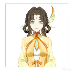 1girl breasts brown_hair chinese_clothes dress facial_mark feather_hair_ornament feathers forehead_mark fujin_(genshin_impact) genshin_impact green_eyes hair_ornament hair_rings jewelry ljayu long_hair looking_at_viewer low_twintails medium_breasts simple_background smile solo twintails upper_body white_background