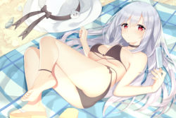 1girl absurdres ahoge anklet ass bad_id bad_pixiv_id bare_shoulders beach beach_towel bikini black_bikini black_bow black_choker blush bow breasts choker cleavage closed_mouth commentary_request day feet female_focus fingernails food hair_between_eyes highres holding jewelry jyt long_hair looking_at_viewer lying niliu_chahui on_side one_shoe original outdoors popsicle red_eyes sandals sidelocks silver_hair soles solo swimsuit toes tokisaki_mio_(niliu_chahui) towel underboob very_long_hair
