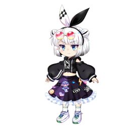 1girl a-pose alternate_costume alternate_hairstyle black_hairband black_skirt blue_eyes character_doll chibi doll double_bun eyewear_on_head green_nails grey_hair hair_bun hairband heart highres konpaku_youmu konpaku_youmu_(lostwordlive2025) long_sleeves midriff navel official_art puffy_long_sleeves puffy_sleeves rotte_(1109) round_eyewear saigyouji_yuyuko sheath sheathed shoes skirt sneakers socks solo sprite sword touhou touhou_lostword weapon white_shoes white_socks