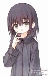 1girl black_hair black_shirt collared_shirt commentary_request dress_shirt english_text grey_eyes hair_between_eyes hand_up long_hair long_sleeves looking_at_viewer open_mouth original shiho_(yuuhagi_(amaretto-no-natsu)) shirt simple_background solo upper_body watermark white_background wide_sleeves yuuhagi_(amaretto-no-natsu)