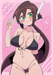 1girl absurdres aile_(mega_man_zx) arm_behind_back bikini black_bikini blush breasts brown_hair buzzlyears cameltoe collarbone cowboy_shot green_eyes heart highres large_breasts long_hair mega_man_(series) mega_man_zx mega_man_zx_advent pink_background robot_ears simple_background smile solo speech_bubble spoken_heart swimsuit tongue tongue_out v