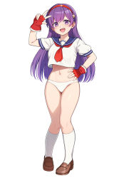 Rule 34 | 1girl, asamiya athena, blue sailor collar, breasts, brown shoes, commission, cropped shirt, fingerless gloves, full body, gloves, hair ornament, hairband, hand on own hip, highres, kneehighs, large breasts, long hair, looking at viewer, navel, neckerchief, no pants, open mouth, panties, puffy short sleeves, puffy sleeves, purple eyes, purple hair, red gloves, red hairband, red neckerchief, sailor collar, sailor shirt, shirt, shoes, short sleeves, simple background, skeb commission, socks, solo, star (symbol), star hair ornament, teeth, the king of fighters, underwear, upper teeth only, w, white background, white panties, white shirt, white socks, yotubeya