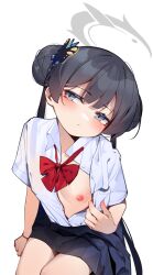 1girl :/ absurdres black_hair blue_archive blue_skirt blush bow bowtie butterfly_hair_ornament commentary_request double_bun flashing hair_bun hair_ornament halo head_tilt highres kisaki_(blue_archive) kisaki_(school_uniform)_(blue_archive) loli long_hair loose_bowtie nipples no_bra one_breast_out painterliuhao pleated_skirt red_bow red_bowtie school_uniform short_sleeves simple_background skirt solo thighs twintails very_long_hair white_background