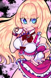 Rule 34 | 1girl, absurdres, blonde hair, blue eyes, breasts, cleavage, crop top, emilie de rochefort, fingerless gloves, gloves, highres, large breasts, lips, long hair, miniskirt, natnecro, skirt, tekken, tekken tag tournament 2, very long hair