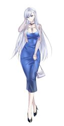 1girl absurdres azur_lane bag belfast_(azur_lane) blue_dress blue_eyes braid breasts choker cleavage commentary dongtan_dress dress english_commentary full_body handbag high_heels highres jacket large_breasts long_hair meme_attire simple_background smile solo suprii white_hair