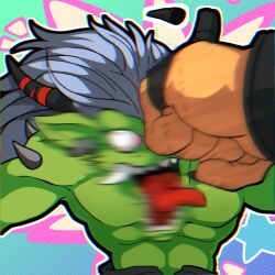 Rule 34 | digimon, digimon (creature), horns, leomon, long hair, orgemon, punching, sharp teeth, teeth