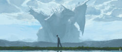 Rule 34 | 1boy, cloud, cloudy sky, dragon, fantasy, giant, giant monster, grass, highres, monster, monster focus, original, river, short hair, sky, spines, taiyakiki-5687, walking, white scales, white wings, wings